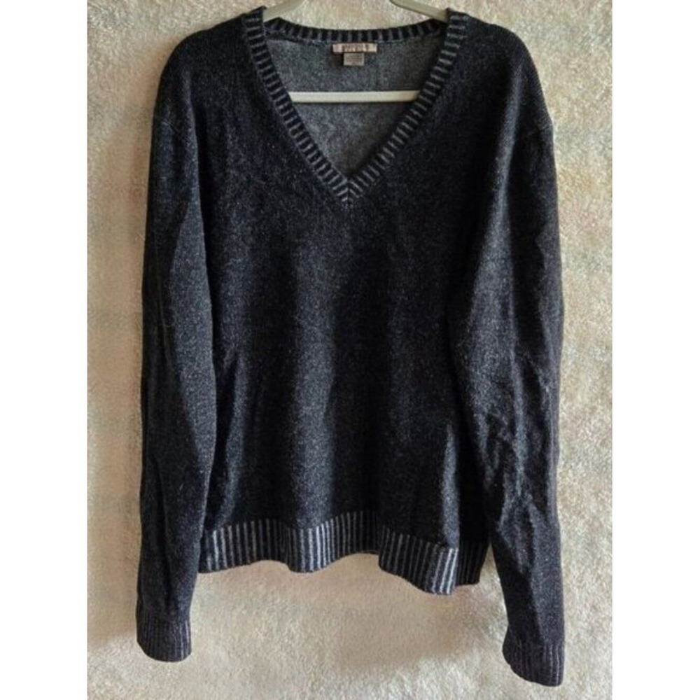 Amicale Wool & Cashmere V-Neck Sweater - Charcoal Gray- Striped Collar and Cuffs